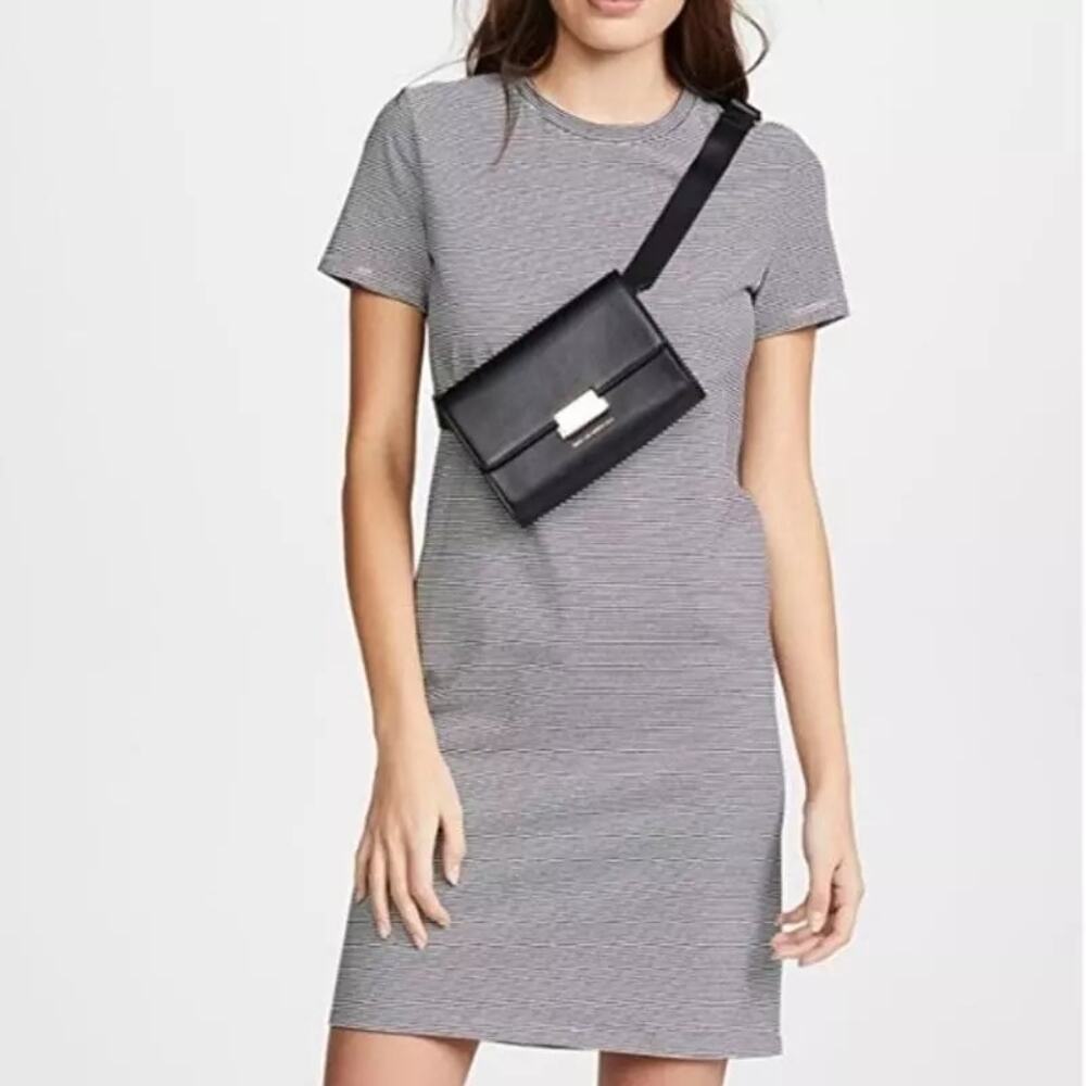 Theory Medium Continuous Mini T Shirt Dress Black White Stripe Imported Cotton